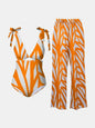 FAM-FAM printed tie shoulder swimwear and pants set, two-piece, orange and white pattern.