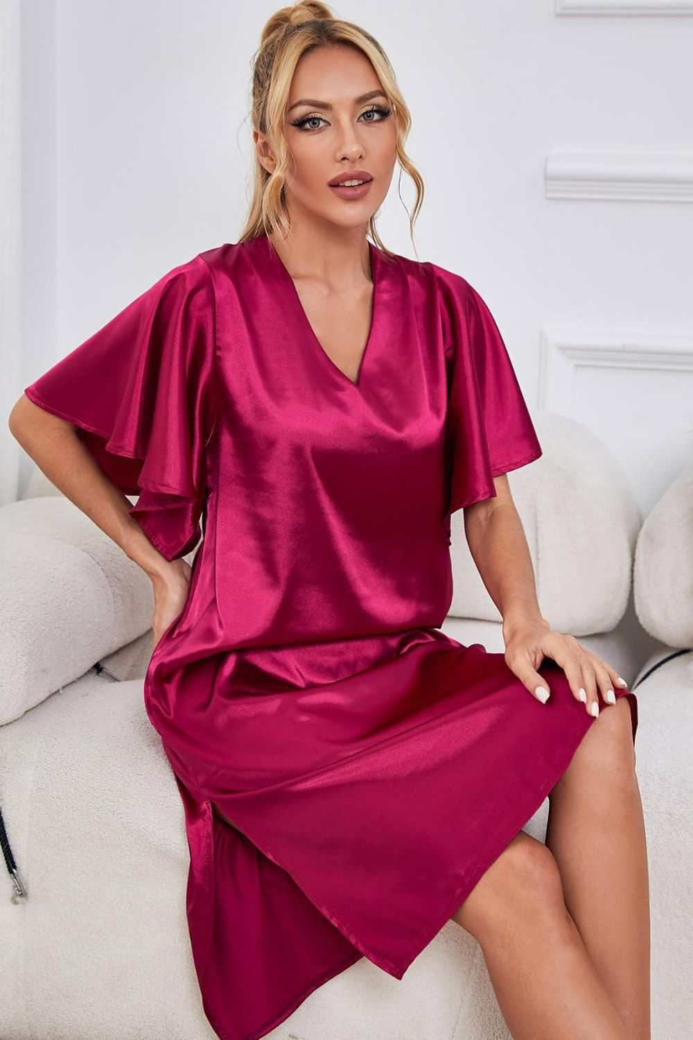 Satin Flutter Sleeve V-Neck Night Dress with Side Slit in Solid Color