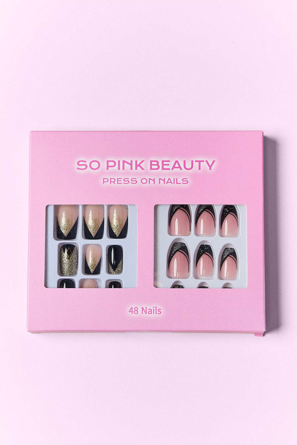 SO PINK BEAUTY Press On Nails 2 Packs with stylish designs in a pink box.