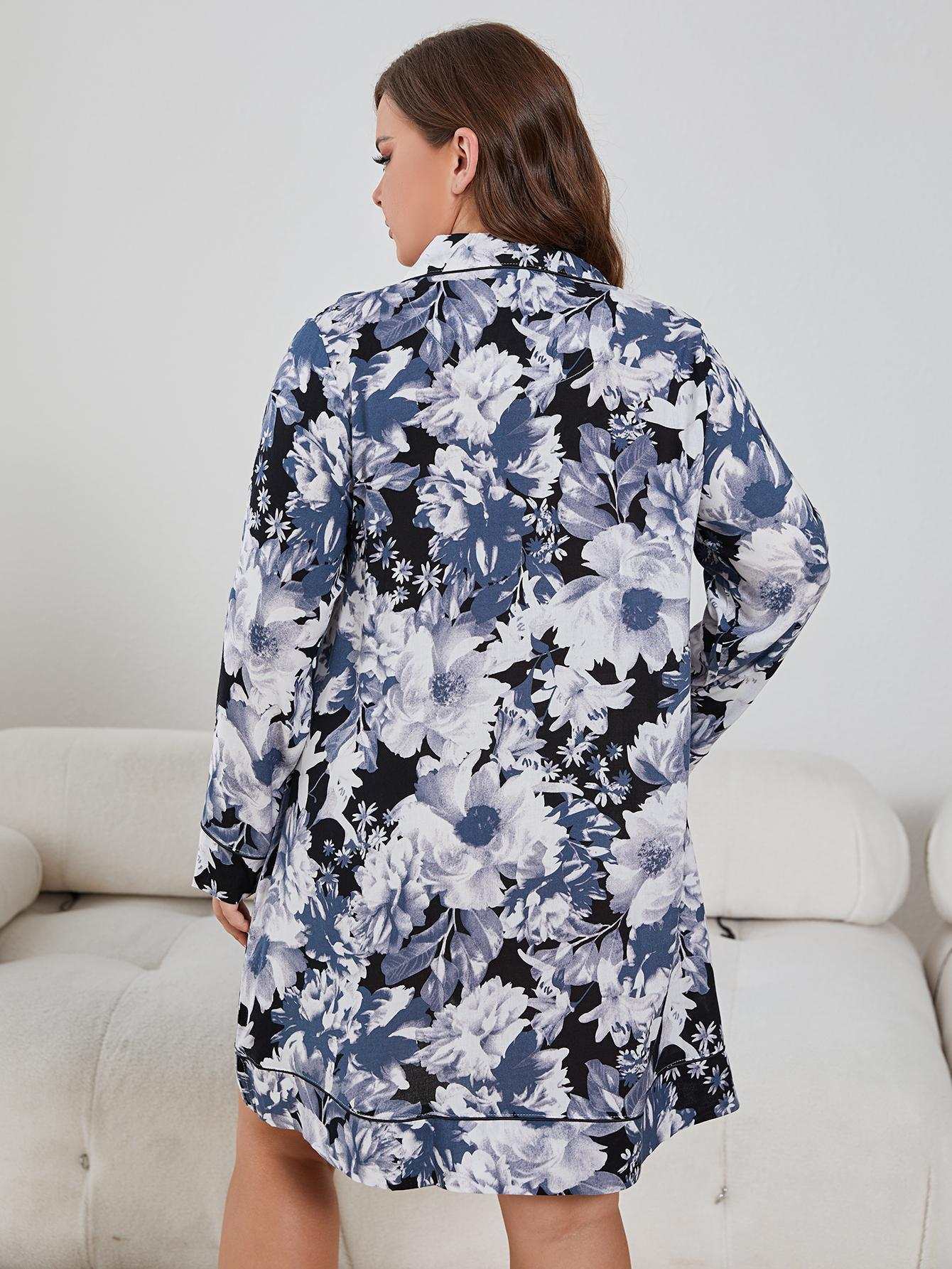 Plus size floral lapel collar long sleeve night dress with pockets.