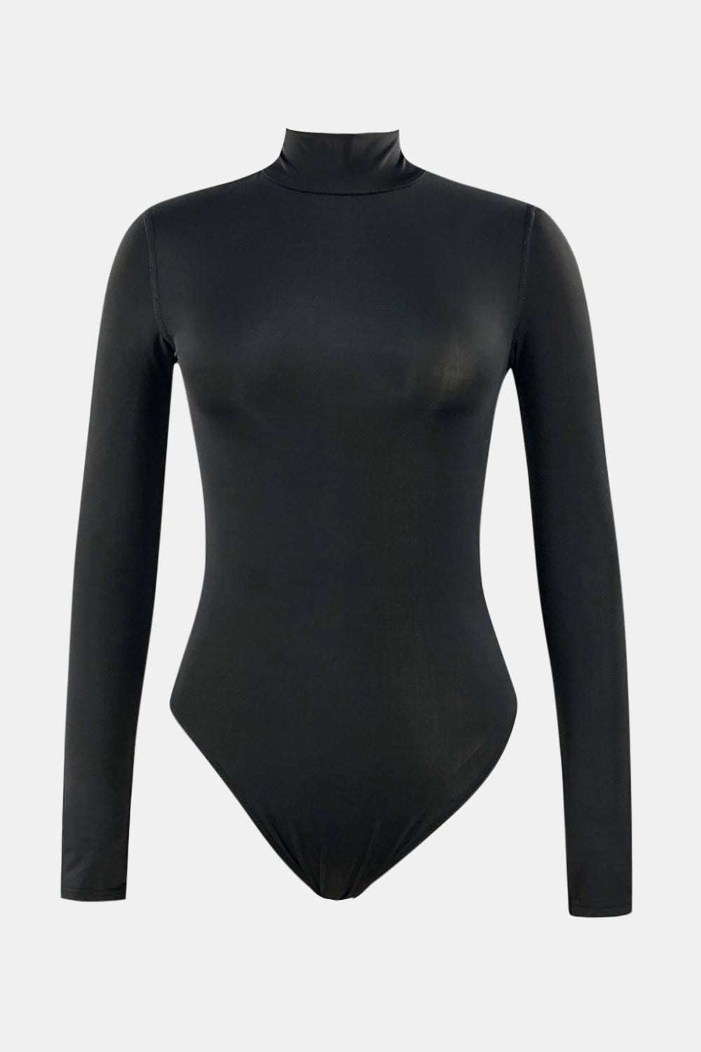 Mock neck long sleeve one-piece swimwear, black, polyester-spandex, highly stretchy.