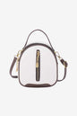 Small white PU leather handbag with brown accents and a front zipper.