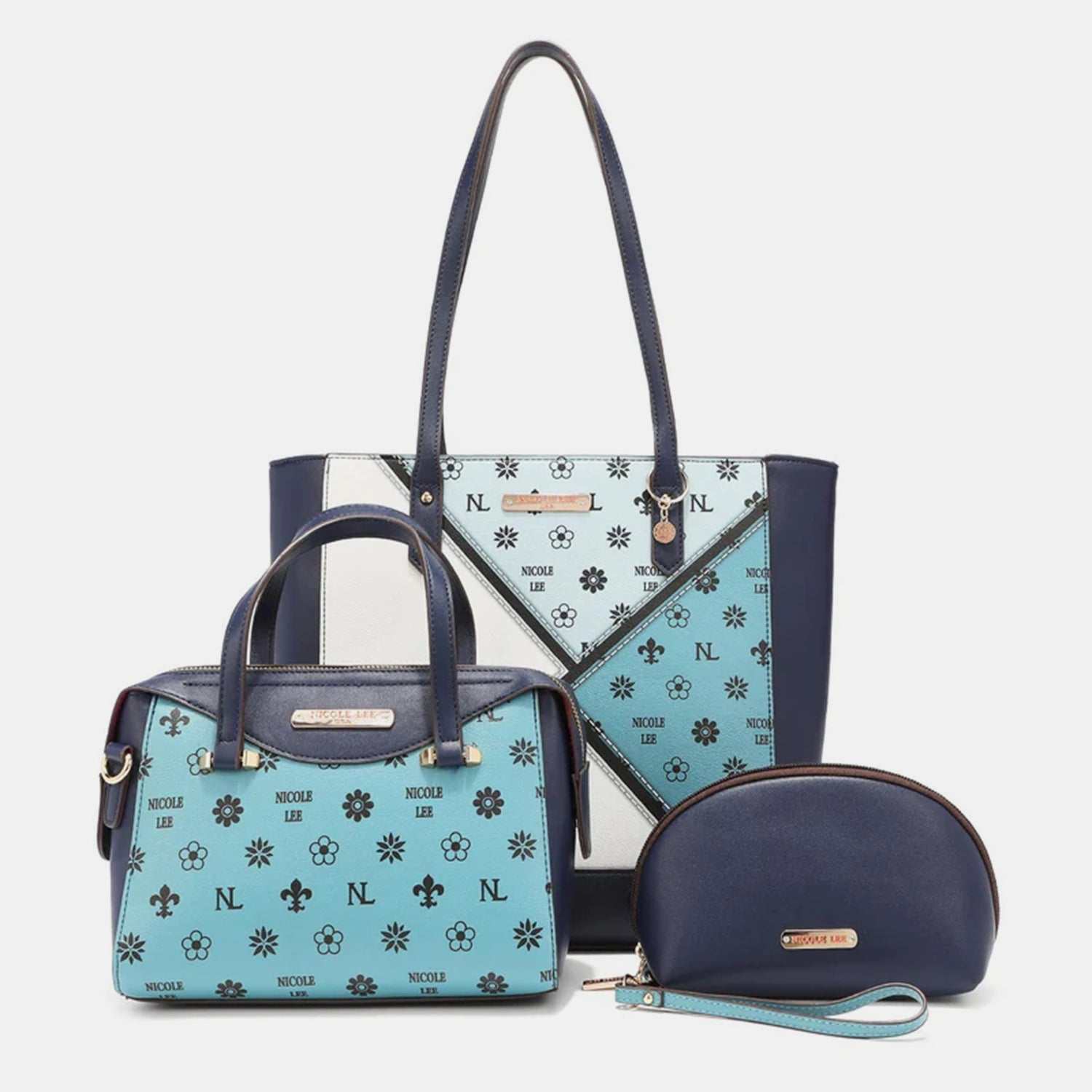 Nicole Lee USA 3-piece color block handbag set with large shopper, mini crossbody, and pouch.