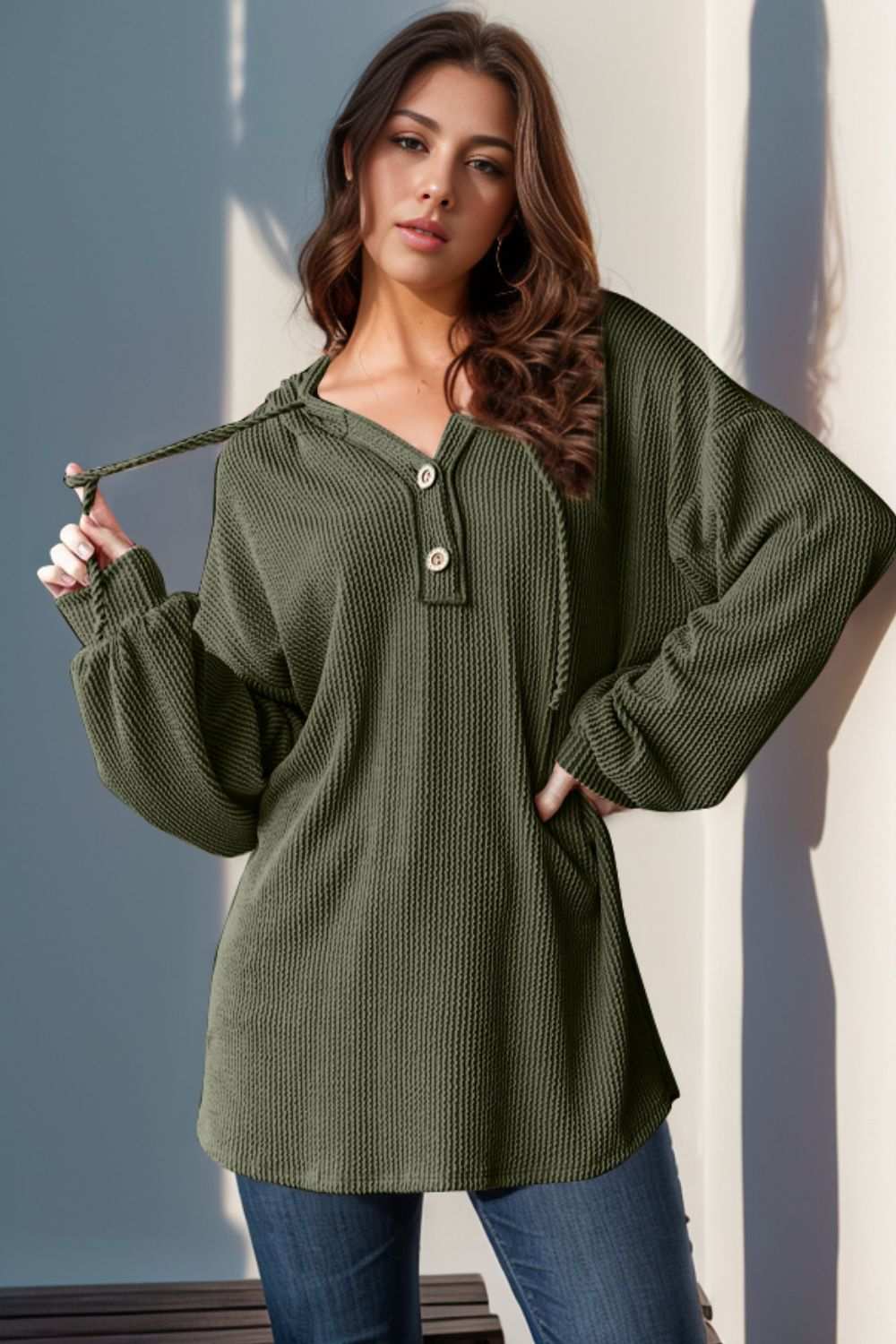 Double Take Full Size Half Button Long Sleeve Hoodie Moss