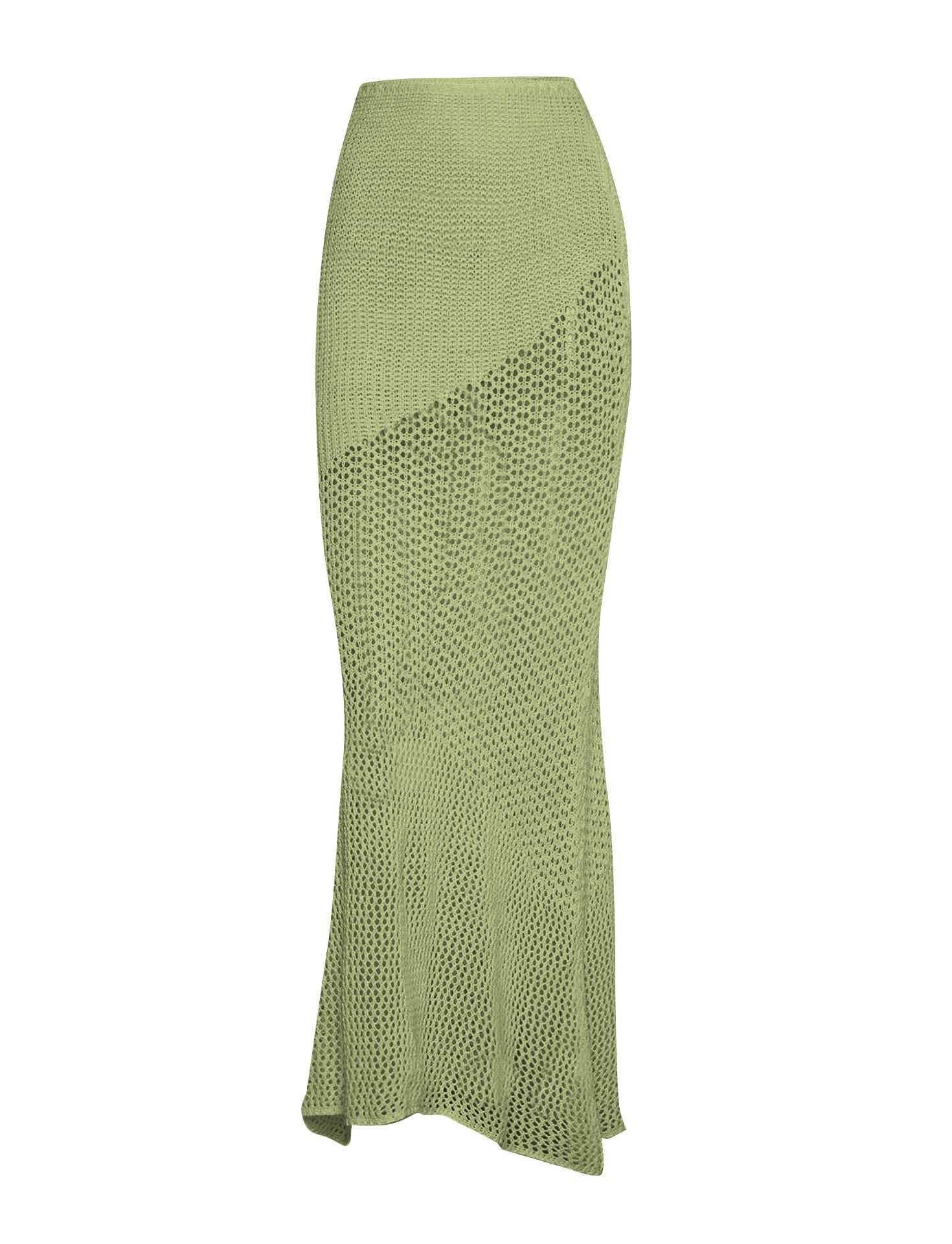 Green long skirt with openwork design, part of a two-piece tied long sleeve top and skirt cover up set, highly stretchy polyester.