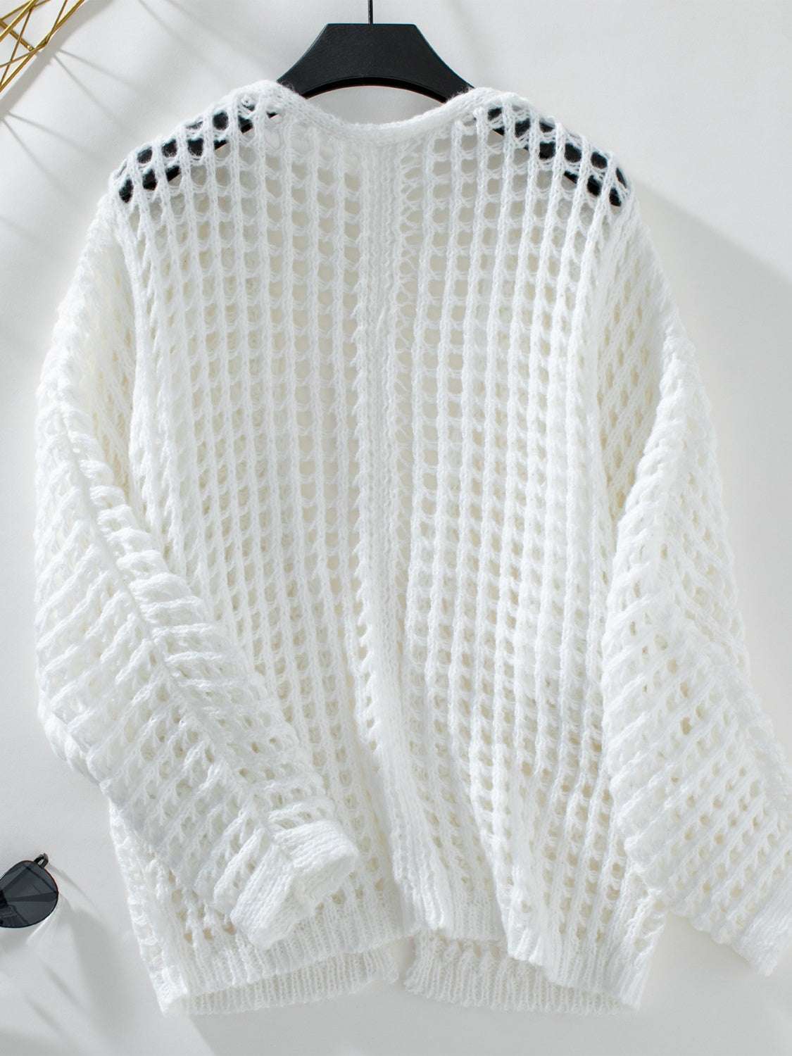 Openwork Open Front Long Sleeve Cardigan White