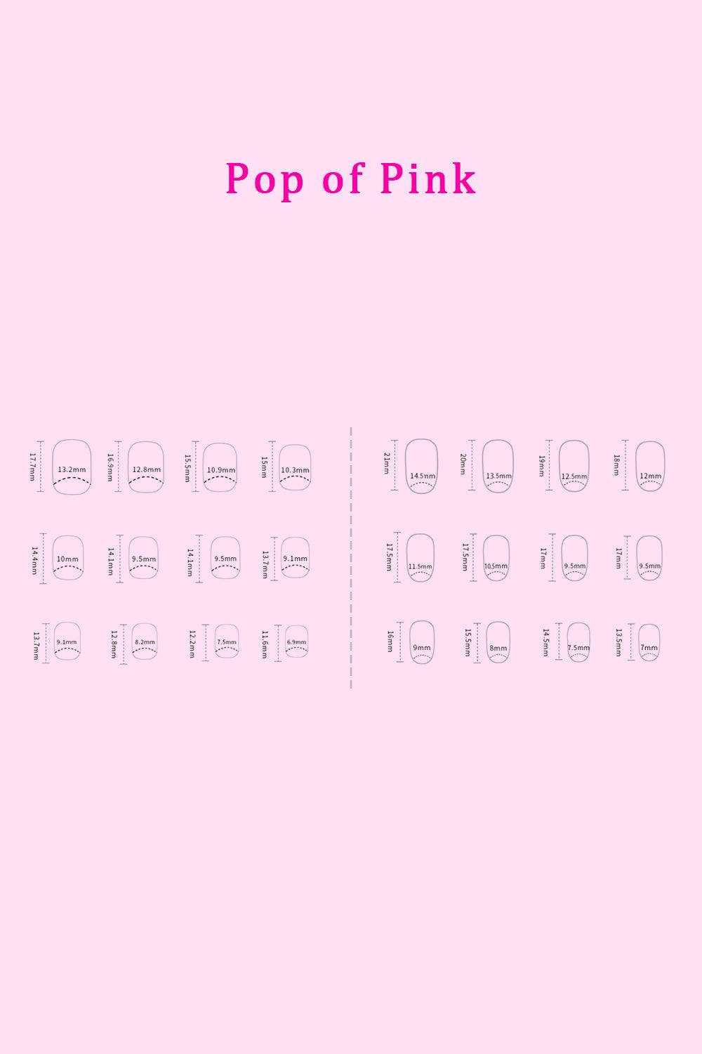 SO PINK BEAUTY Press On Nails size chart on a pink background.