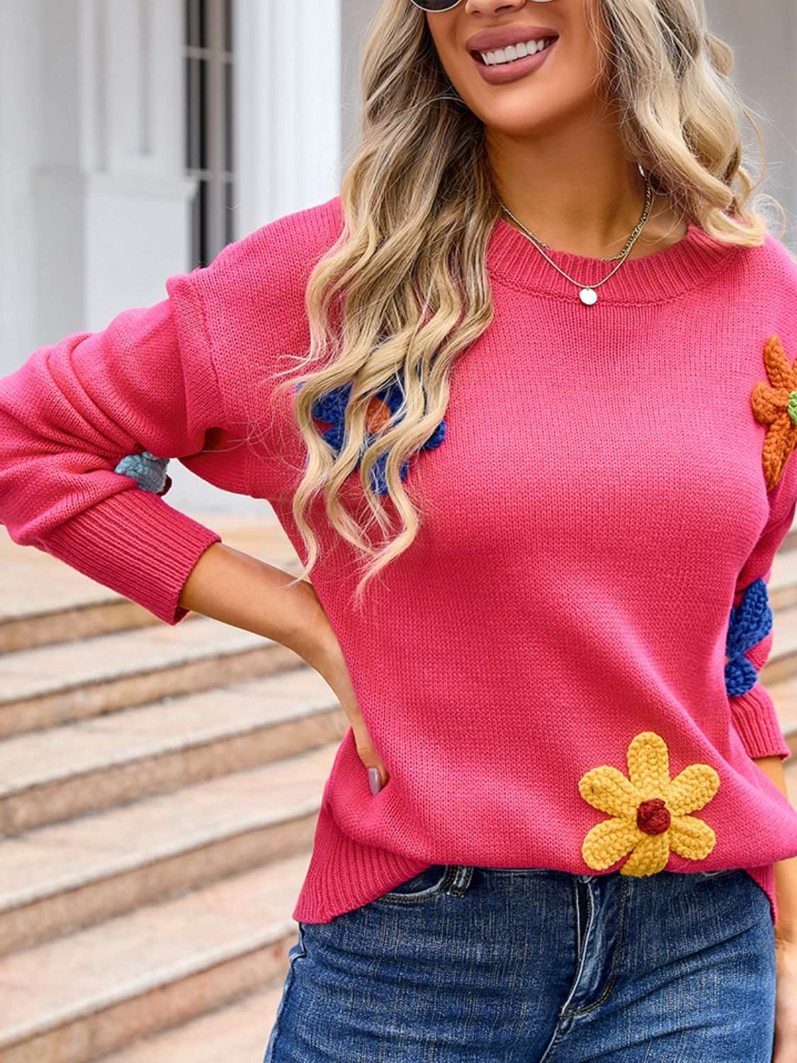 Angel Wings Crochet Flower Round Neck Sweater in pink with crochet flower design.