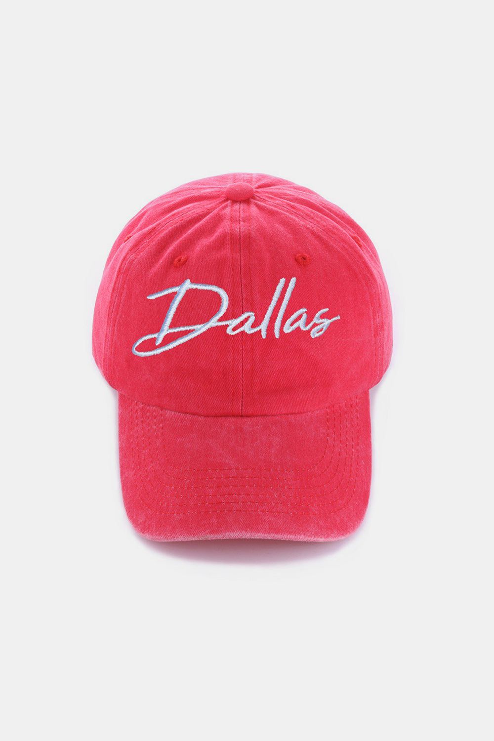 Zenana Washed DALLAS Embroidered Baseball Cap in vintage red with white embroidery.