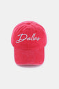 Zenana Washed DALLAS Embroidered Baseball Cap in vintage red with white embroidery.