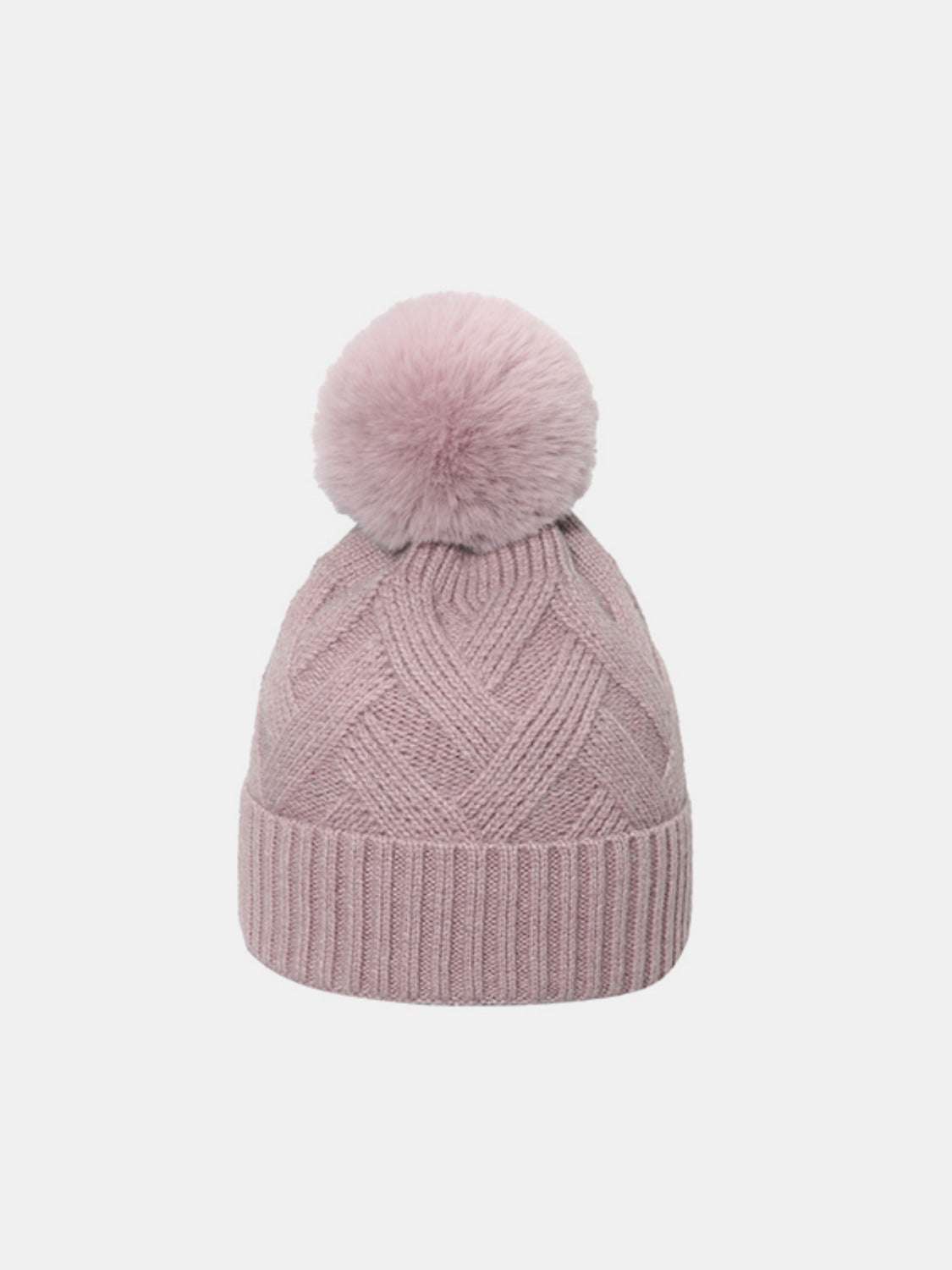 Pink roll rim hat with pompom, acrylic and polyester, 7.9 inches height, 22-22.8 inches circumference.