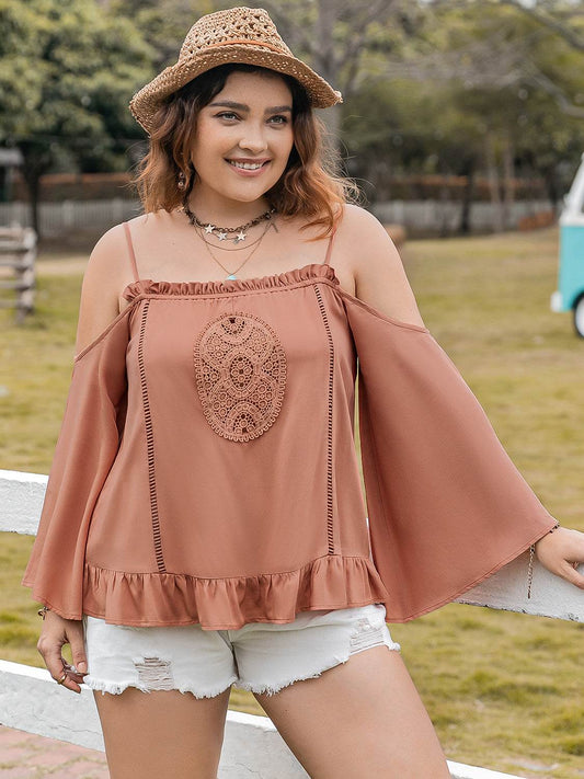 Plus size frill square neck long sleeve blouse with ruffled details.