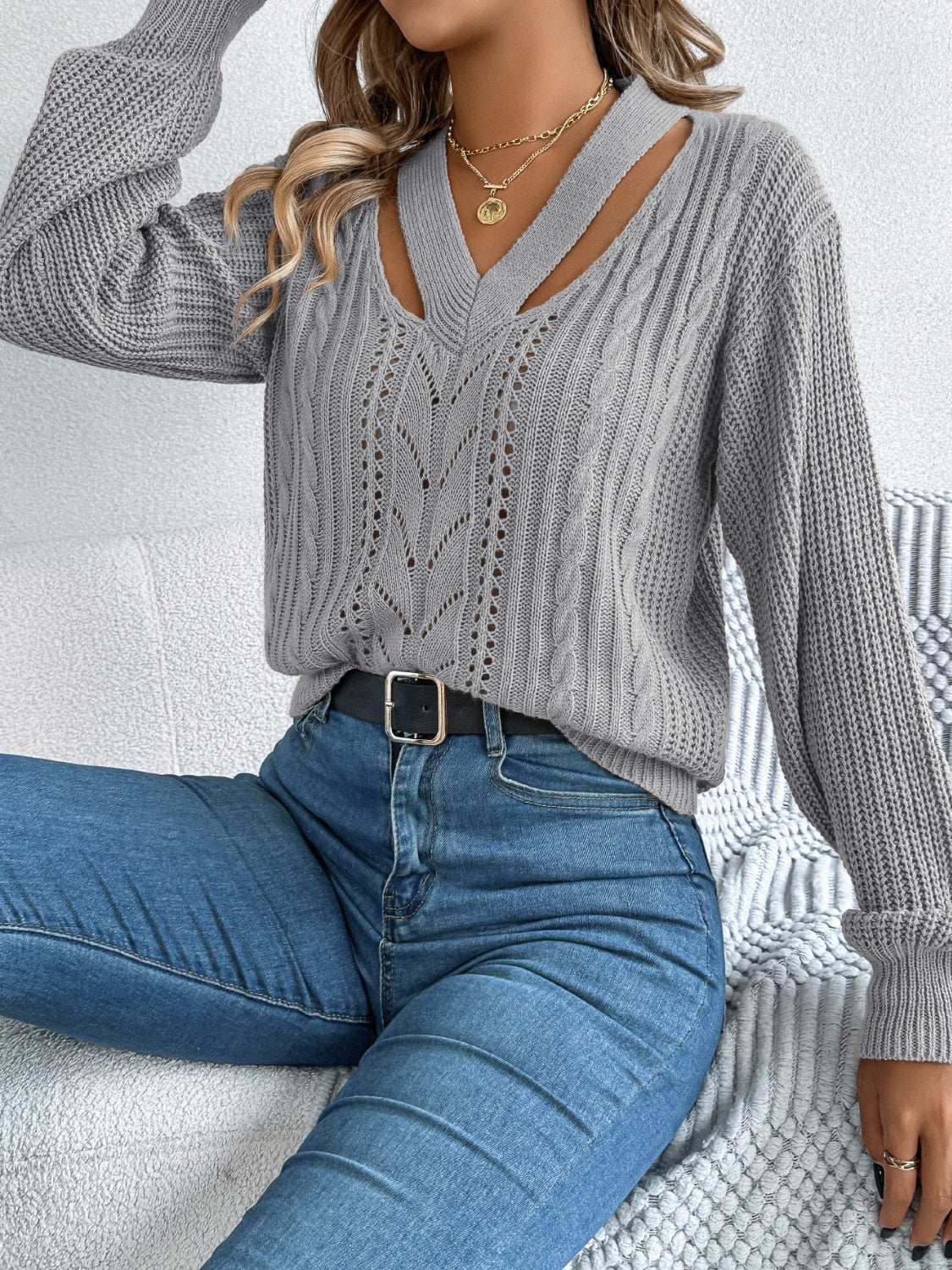 Cutout V-Neck Long Sleeve Sweater Gray