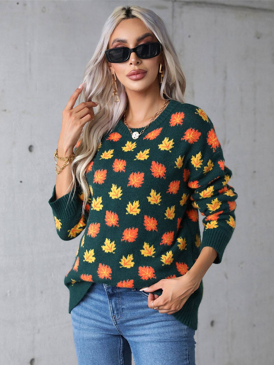 Angel Wings Maple Leaf Round Neck Long Sleeve Sweater Dark Green