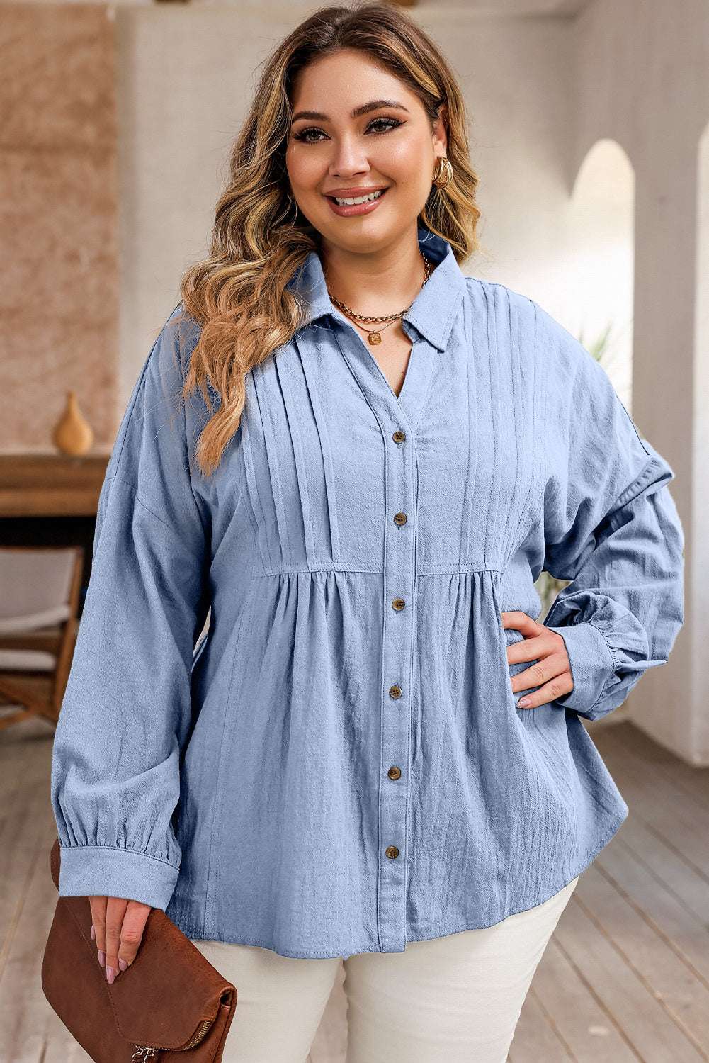 Plus Size High-Low Button Up Dropped Shoulder Shirt Light Blue