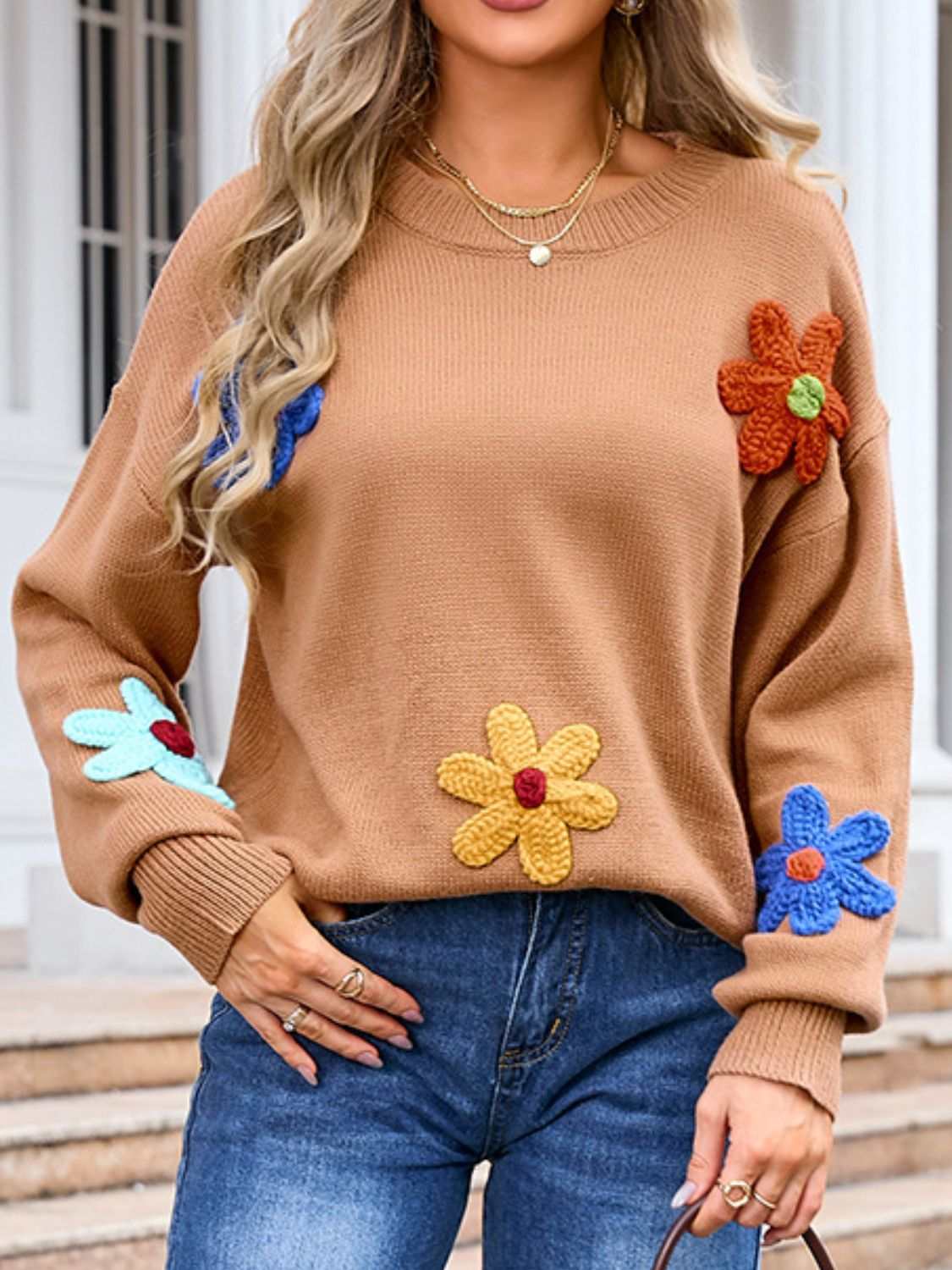 Angel Wings Crochet Flower Round Neck Sweater with colorful floral accents