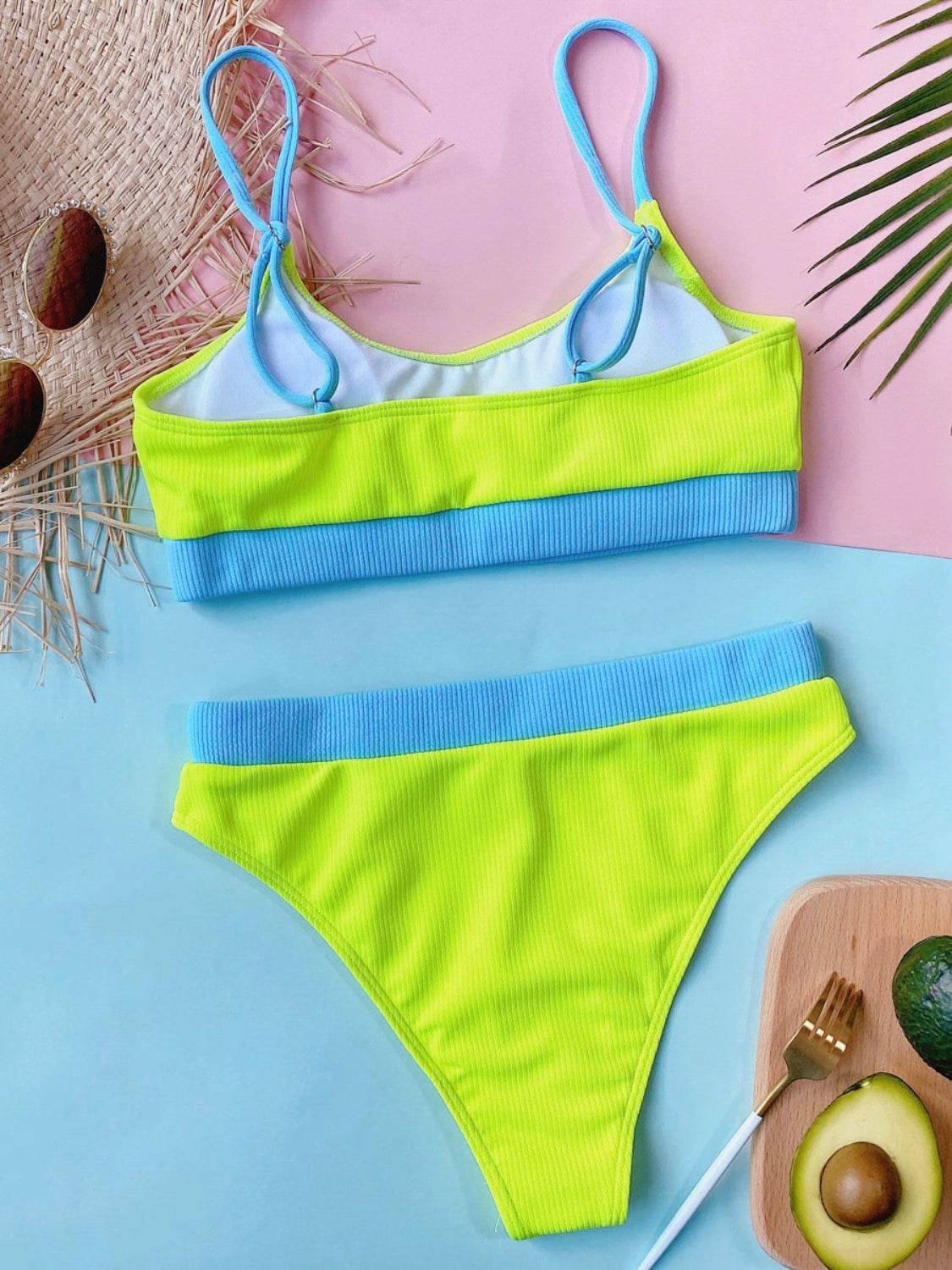 Scoop neck spaghetti strap two-piece swim set in lime green with blue accents, removable padding, made of stretchy polyester and spandex.