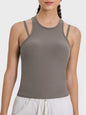 Millennia Cutout Round Neck Racerback Active Tank in gray with moderate stretch.