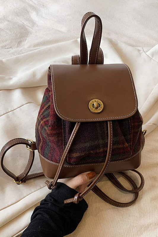 Small PU leather drawstring plaid backpack bag with brown accents.