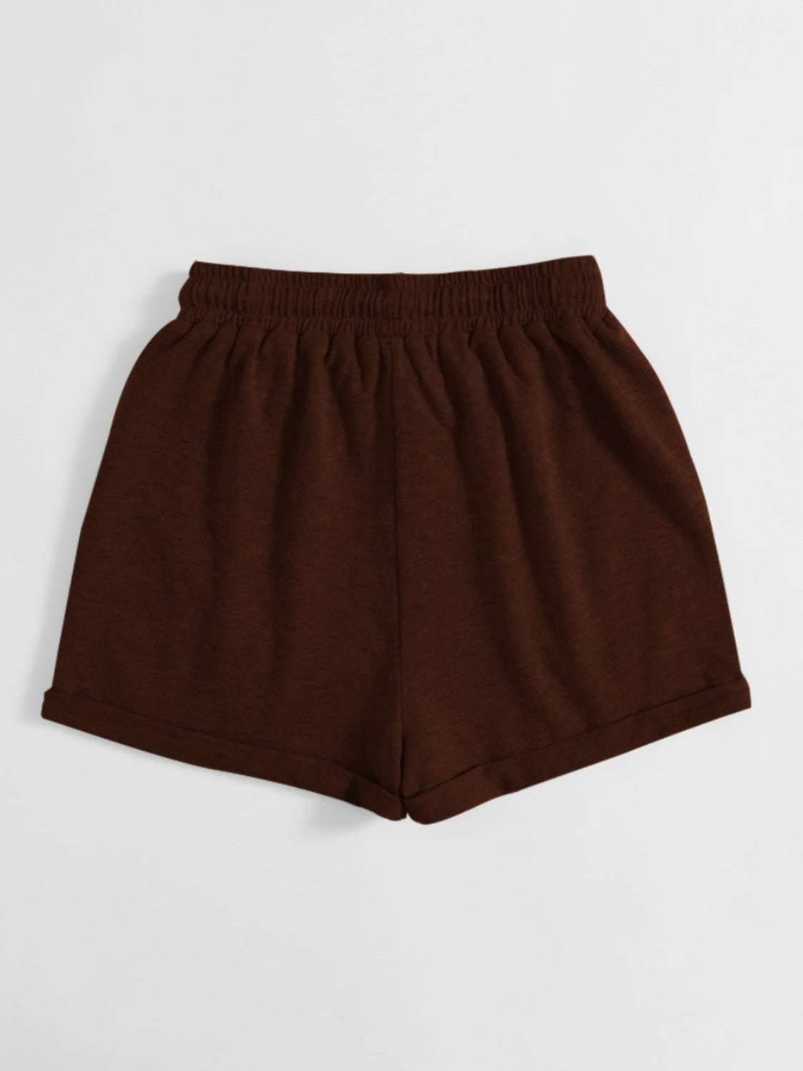 Brown drawstring pocketed elastic waist shorts made of 100% polyester.