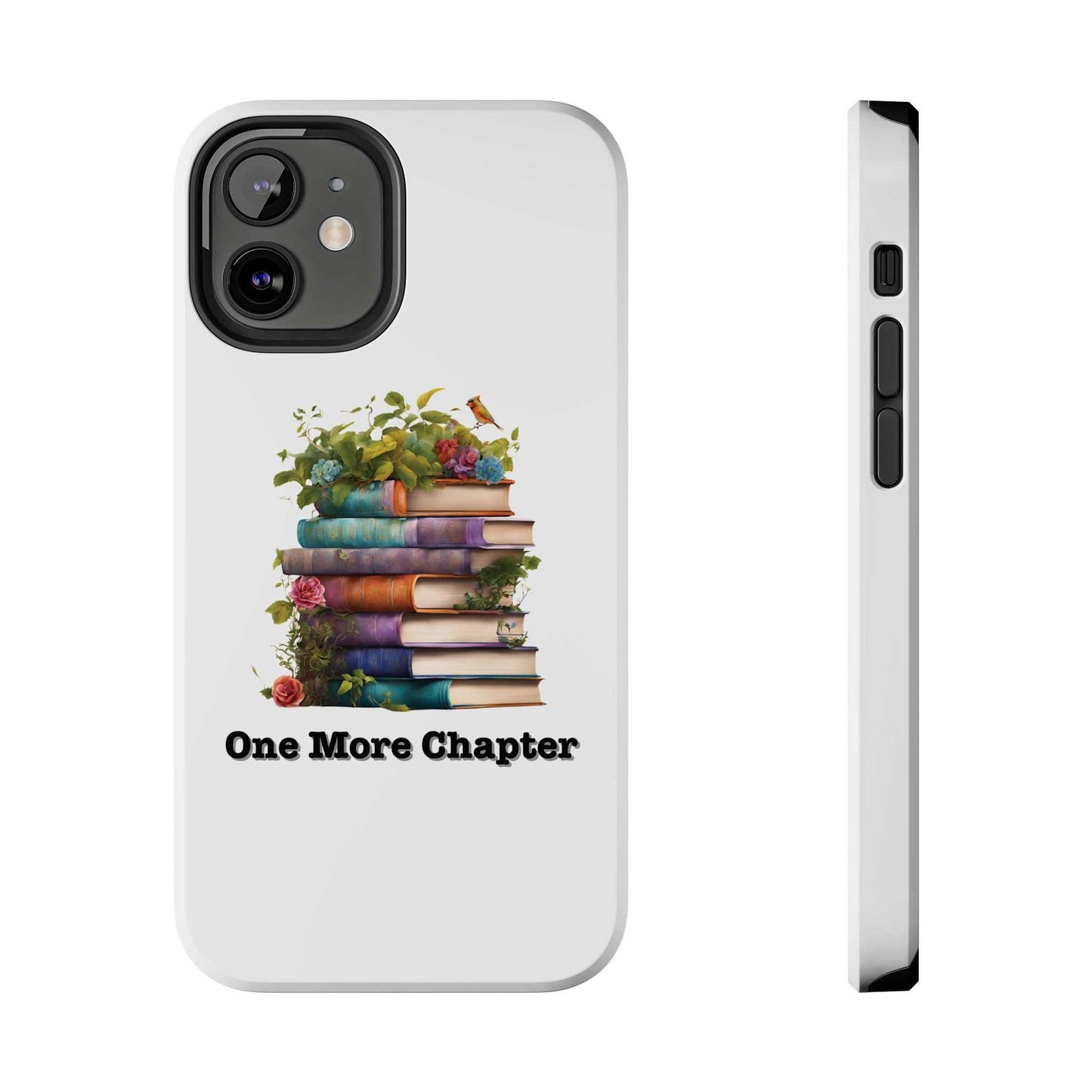 Phone case with "One More Chapter" book pile design, durable Lexan plastic, perfect for book lovers.