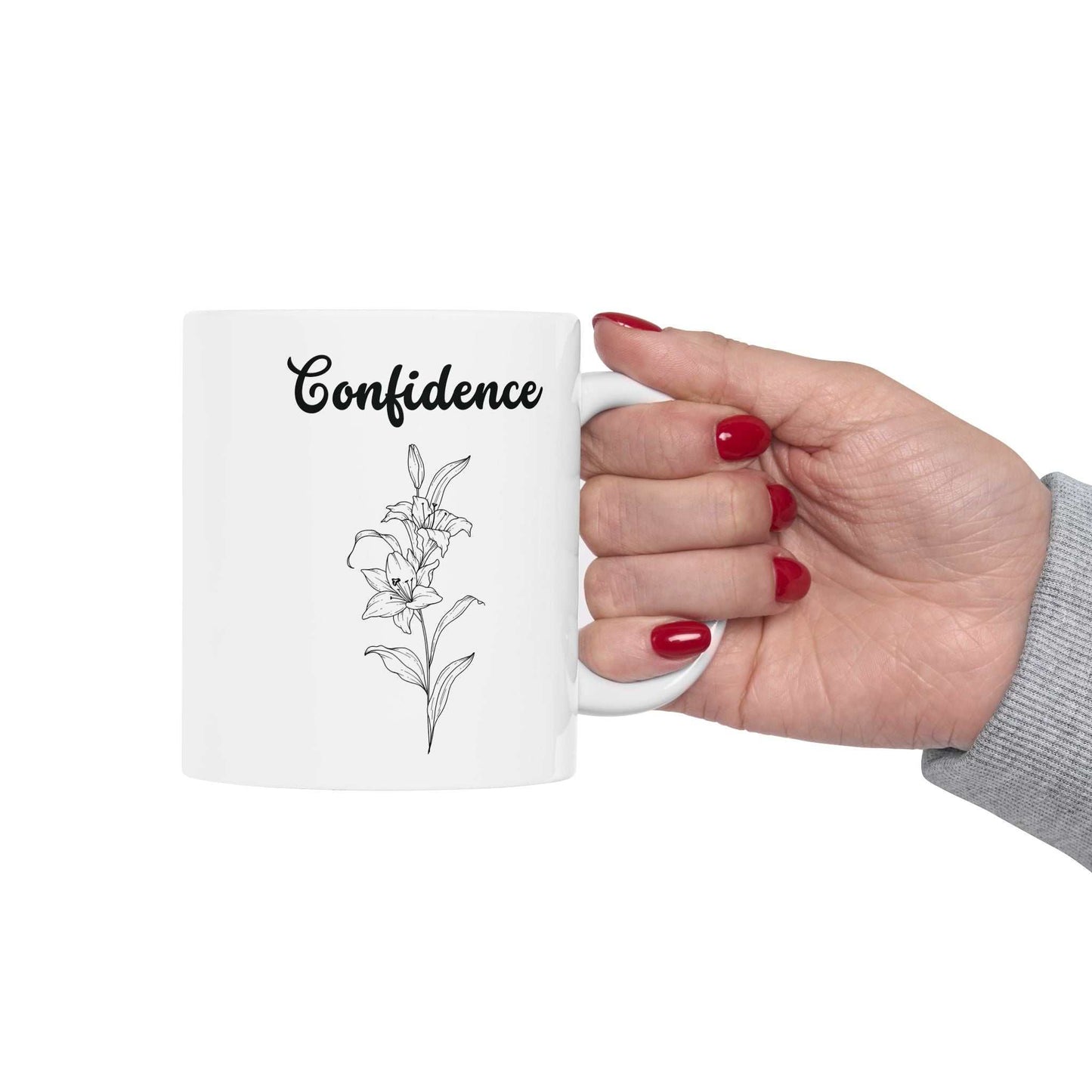 Ceramic mug with confidence lily design, glossy finish, dishwasher and microwave safe.