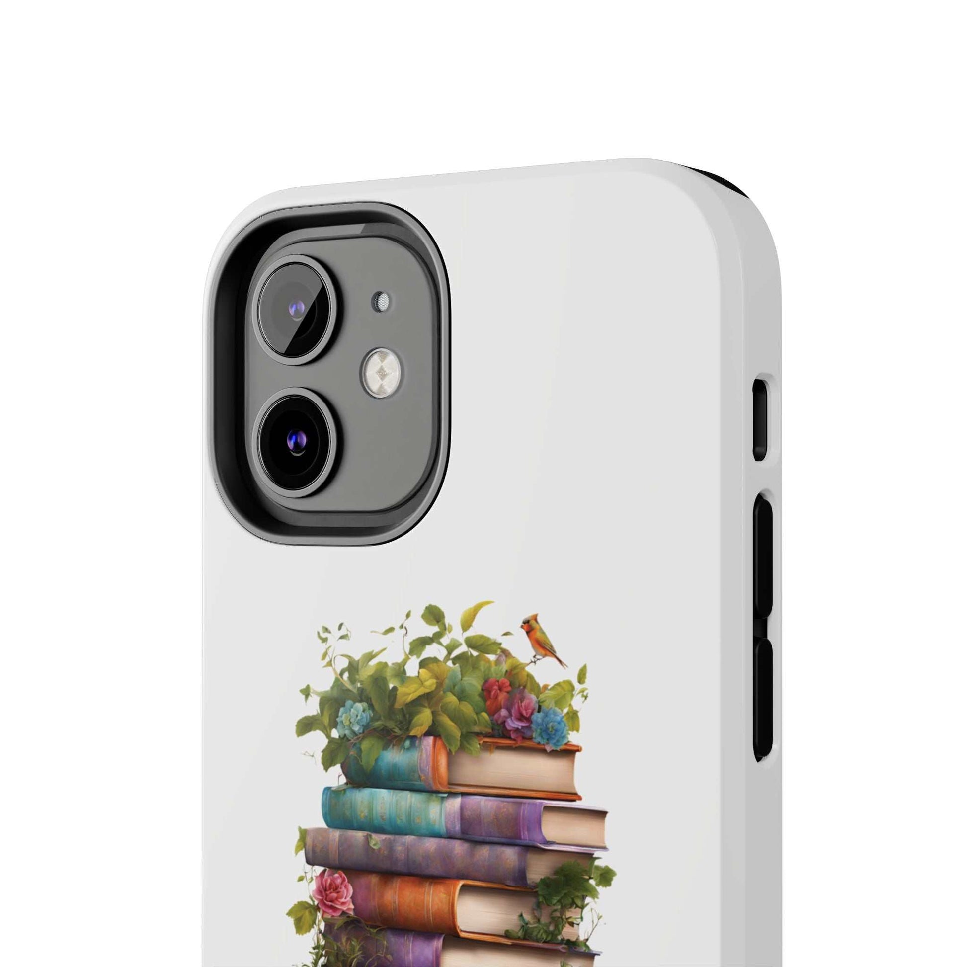 Phone case with book pile design for book lovers, durable Lexan plastic, protective and stylish.