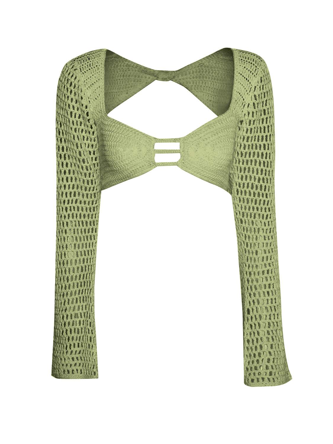 Tied long sleeve top in green openwork design, polyester, highly stretchy, part of two-piece set.