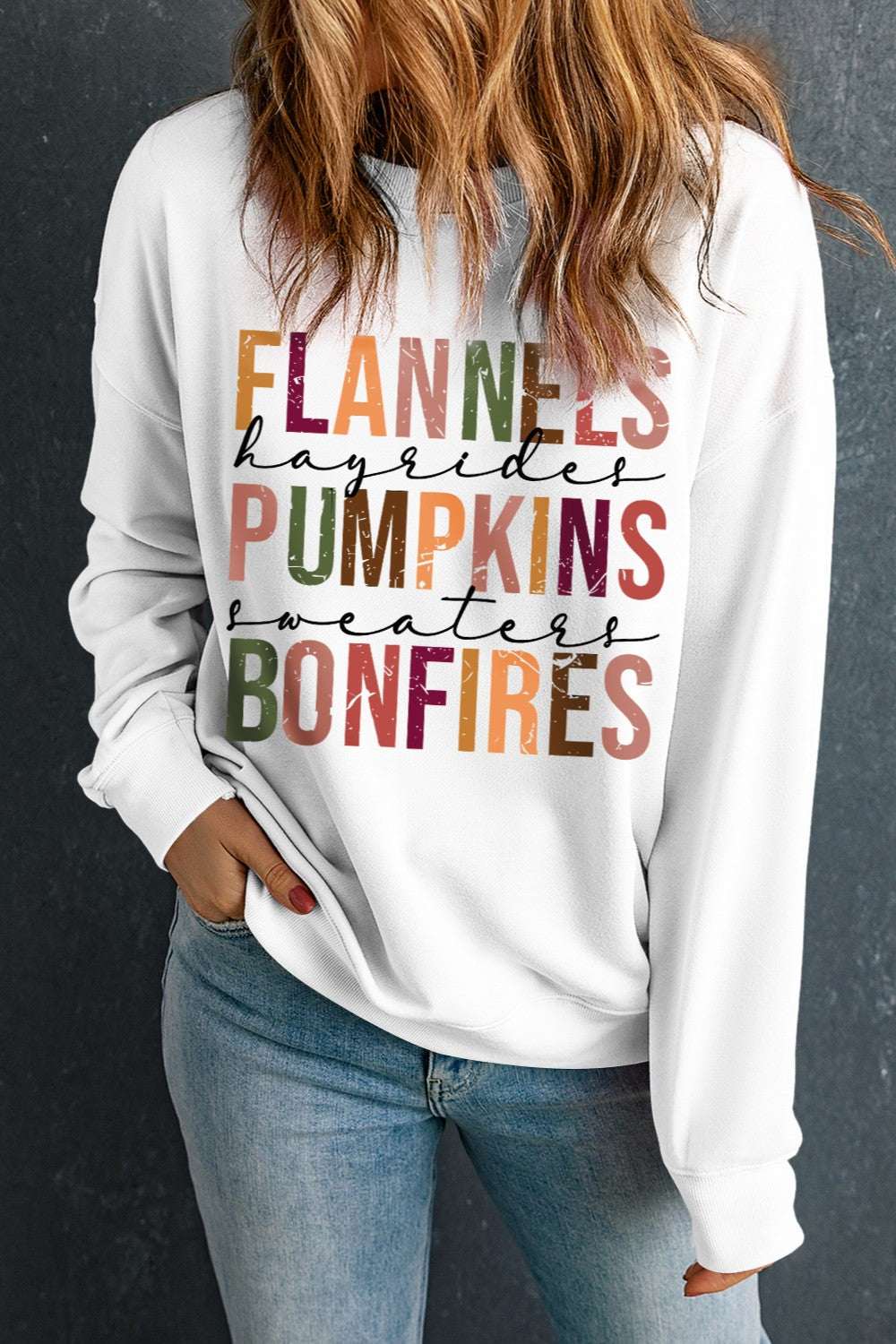 Letter Graphic Round Neck Long Sleeve Sweatshirt White