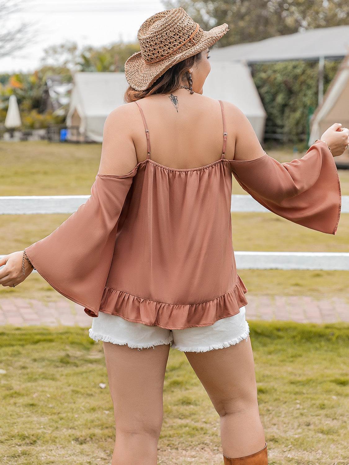 Plus size frill square neck long sleeve blouse in brown, featuring ruffled design, back view.