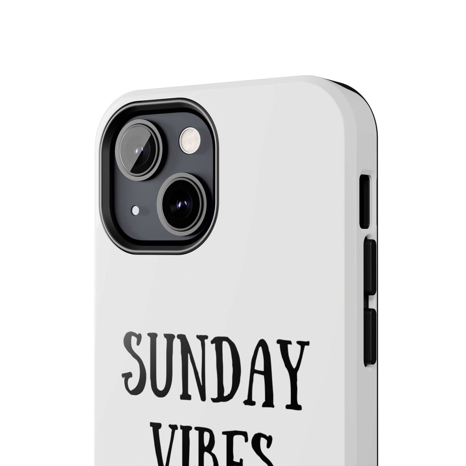 Phone case with 'Sunday Vibes' sun graphic design, durable Lexan plastic, glossy finish.