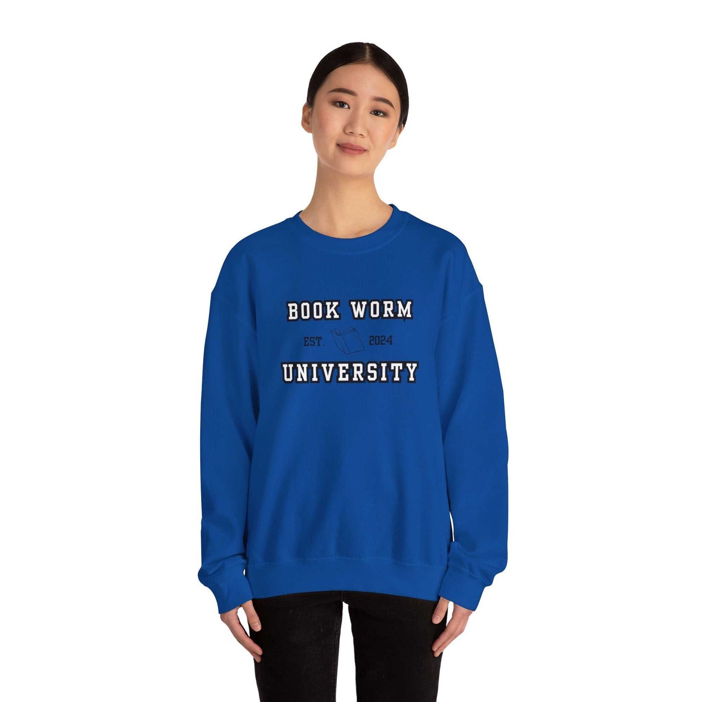 Bookworm University Crewneck Sweatshirt - Est 2024 Design, cozy blue sweater for book lovers.