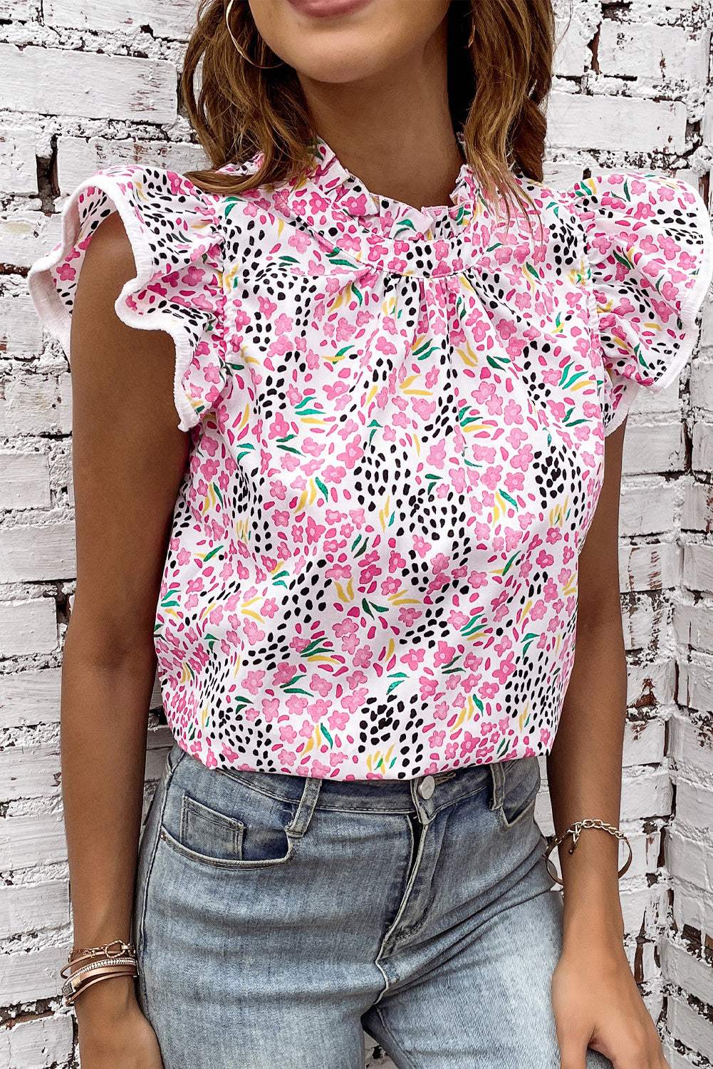 Floral Mock Neck Short Sleeve Blouse