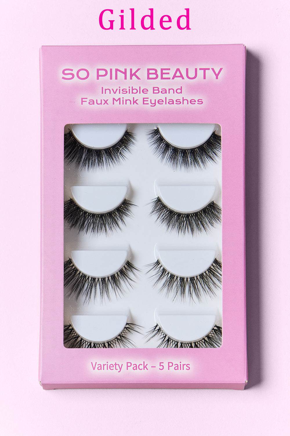 Pink Beauty Faux Mink Eyelashes Variety Pack with 5 pairs in a pink packaging displaying luxurious, natural-looking lashes.