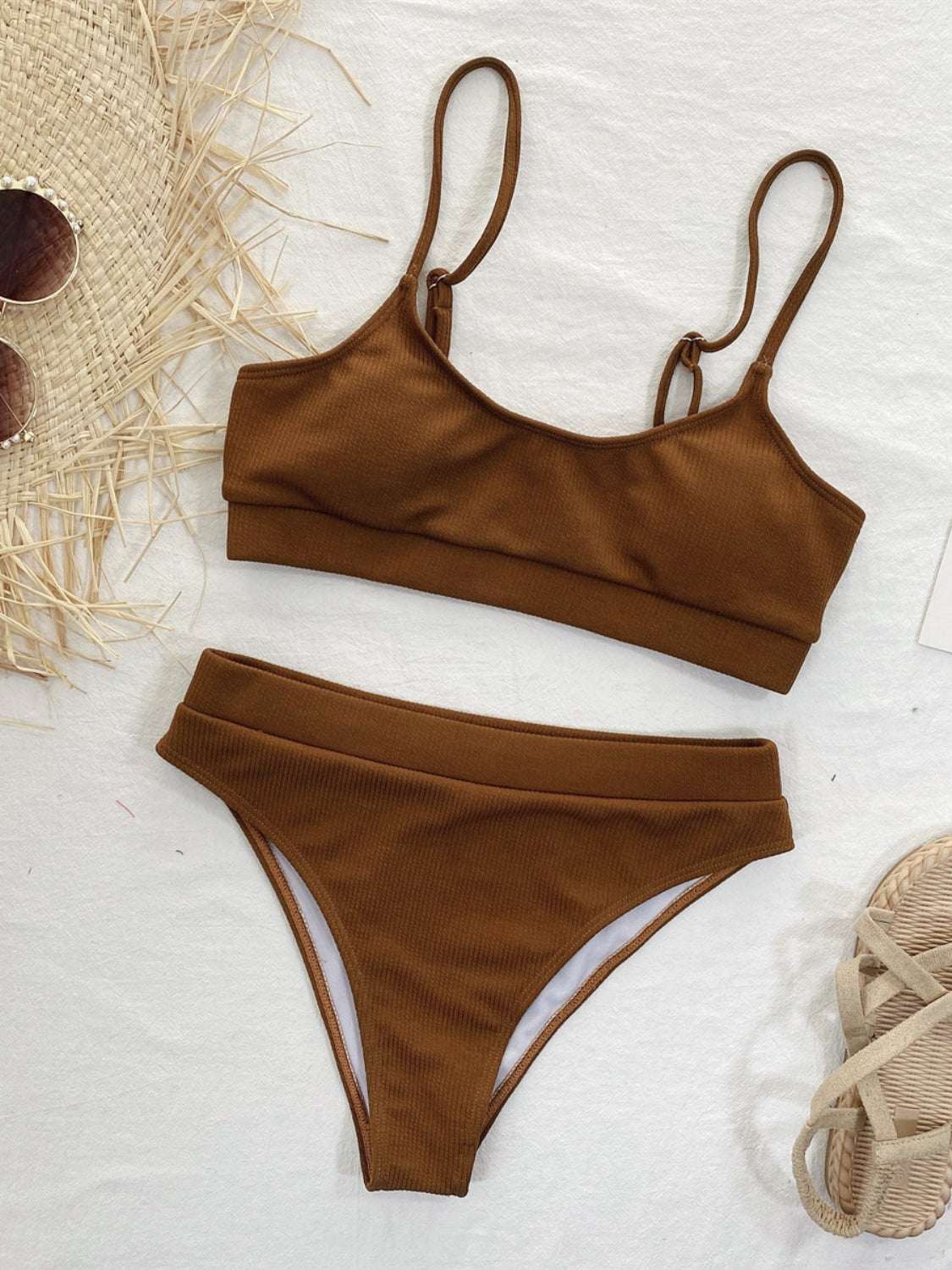 Scoop neck spaghetti strap two-piece swim set in brown with removable padding, stretchy material.