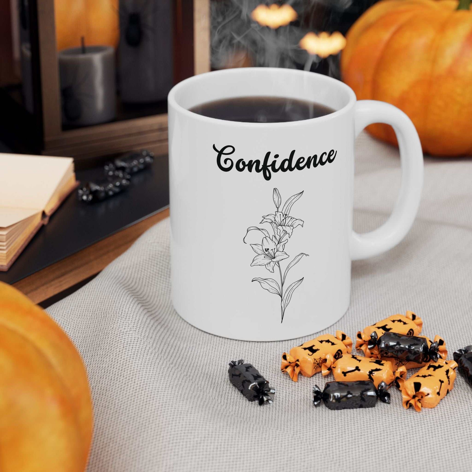 Ceramic mug with confidence lily design, perfect for empowering mornings, available in 11oz and 15oz sizes.