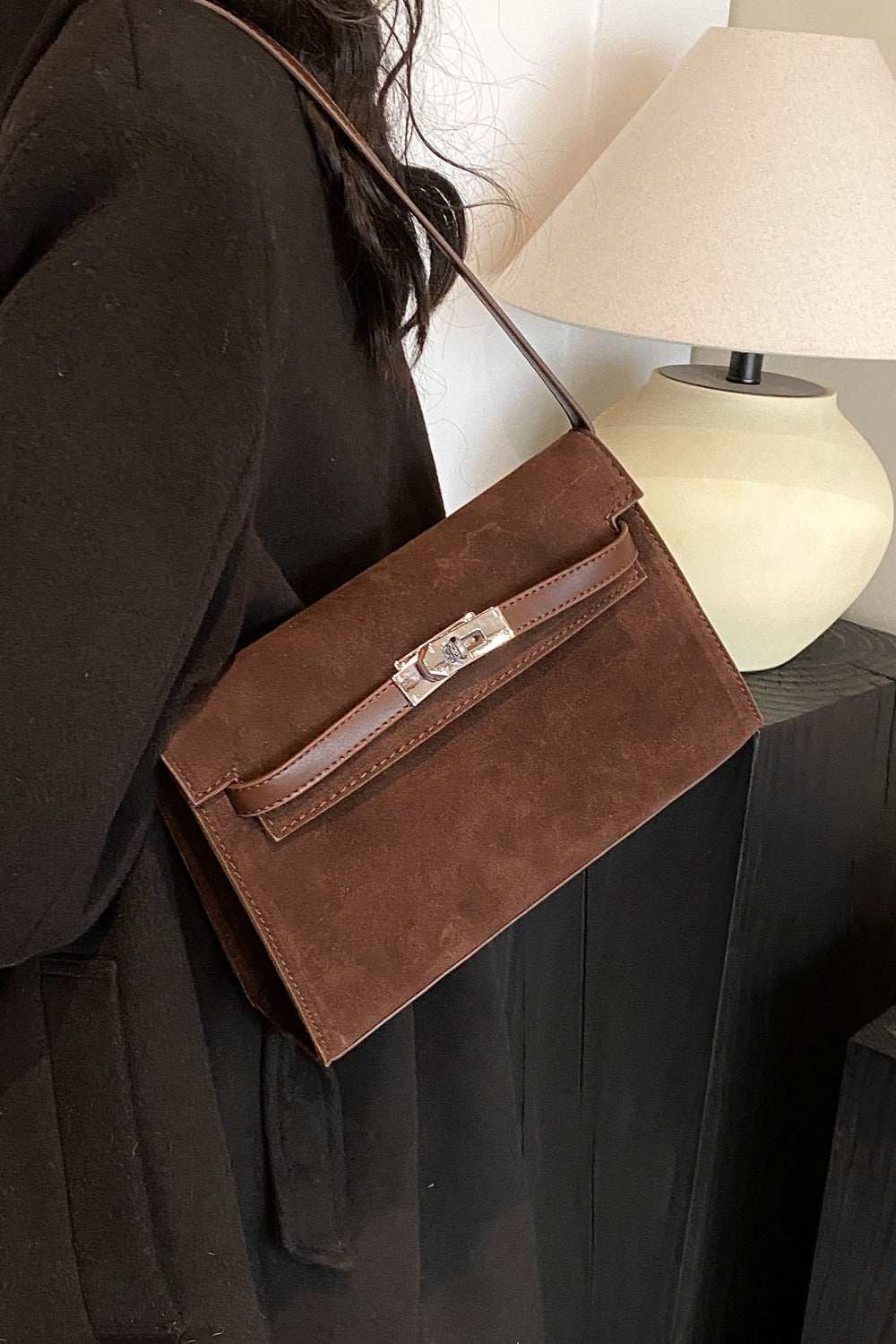 Brown suede PU leather strap shoulder bag, small size, stylish design.