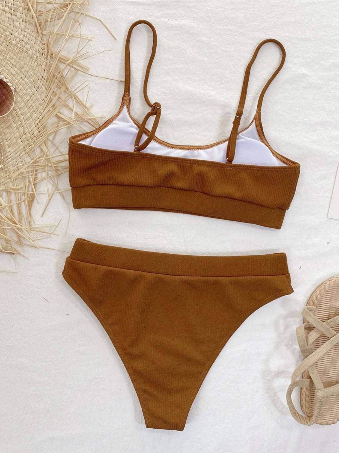 Scoop neck spaghetti strap two-piece swim set in brown with removable chest padding.