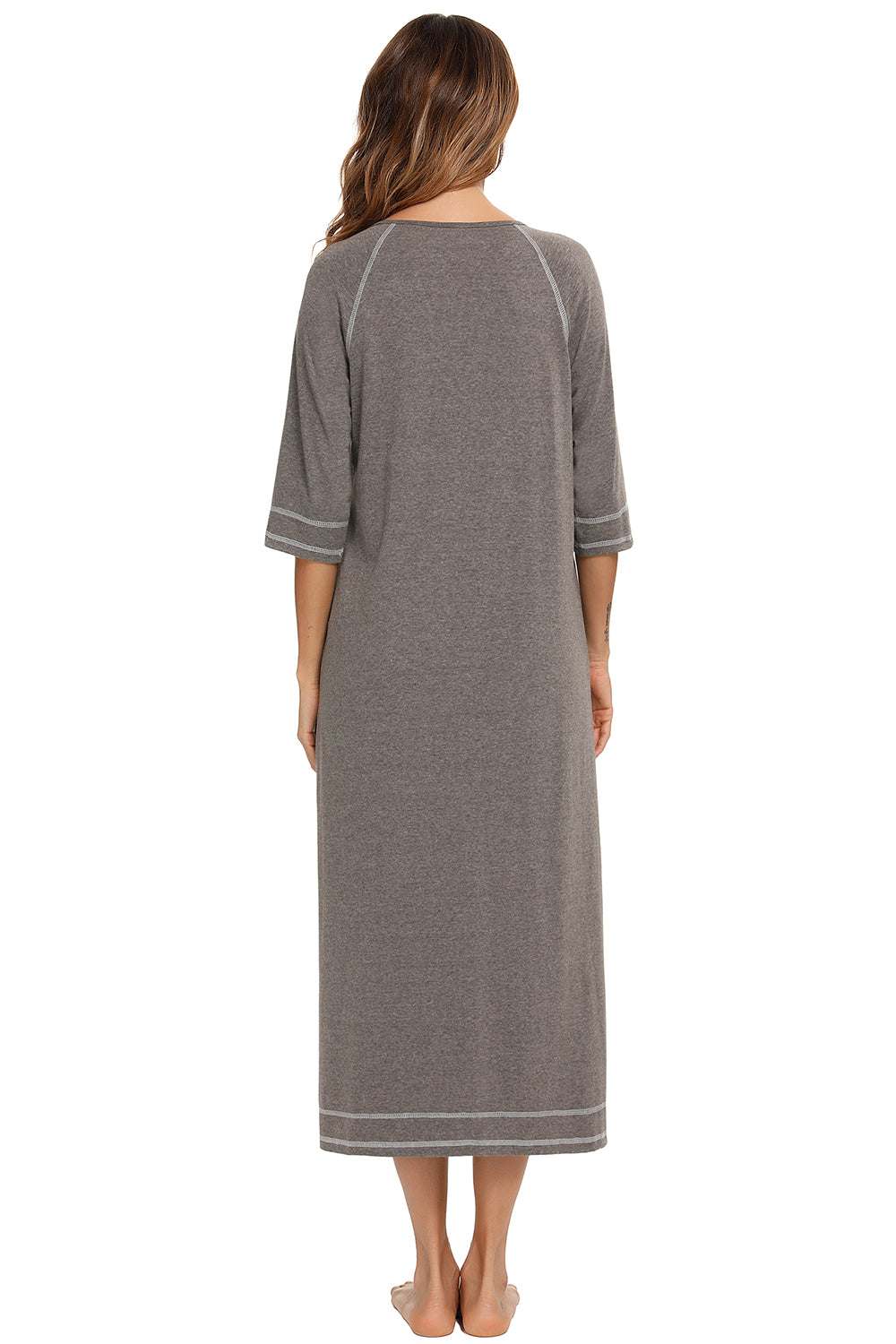 Gray zip-up slit round neck night dress with pockets, featuring a semi-stretchy fabric blend.