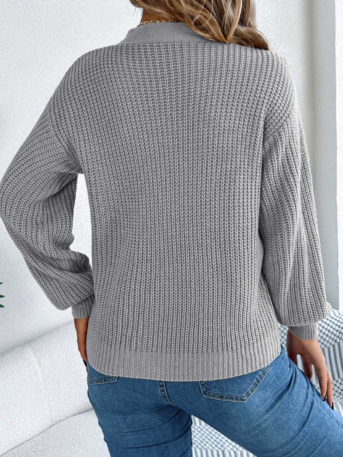 Cutout V-Neck Long Sleeve Sweater Gray