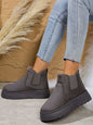 Suede round toe platform boots with faux fur lining and rubber sole.