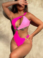 One-shoulder cutout ring detail swimsuit in pink, sexy beach style, contrast pattern.