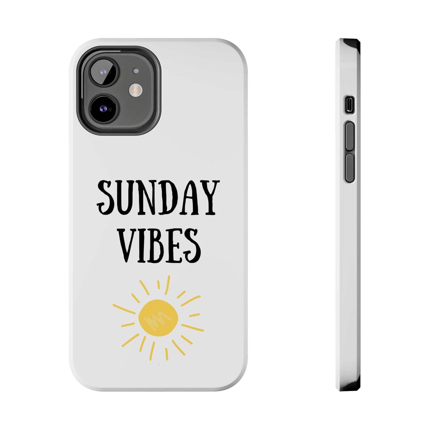 Phone case with 'Sunday Vibes' sun graphic design, relaxed and carefree style.