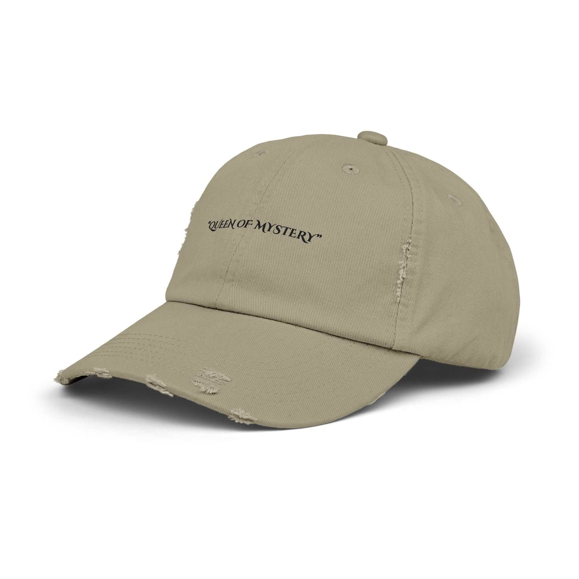 Distressed "Queen of Mystery" cap by Securing Secrets Brand with vintage vibe, 100% cotton twill.