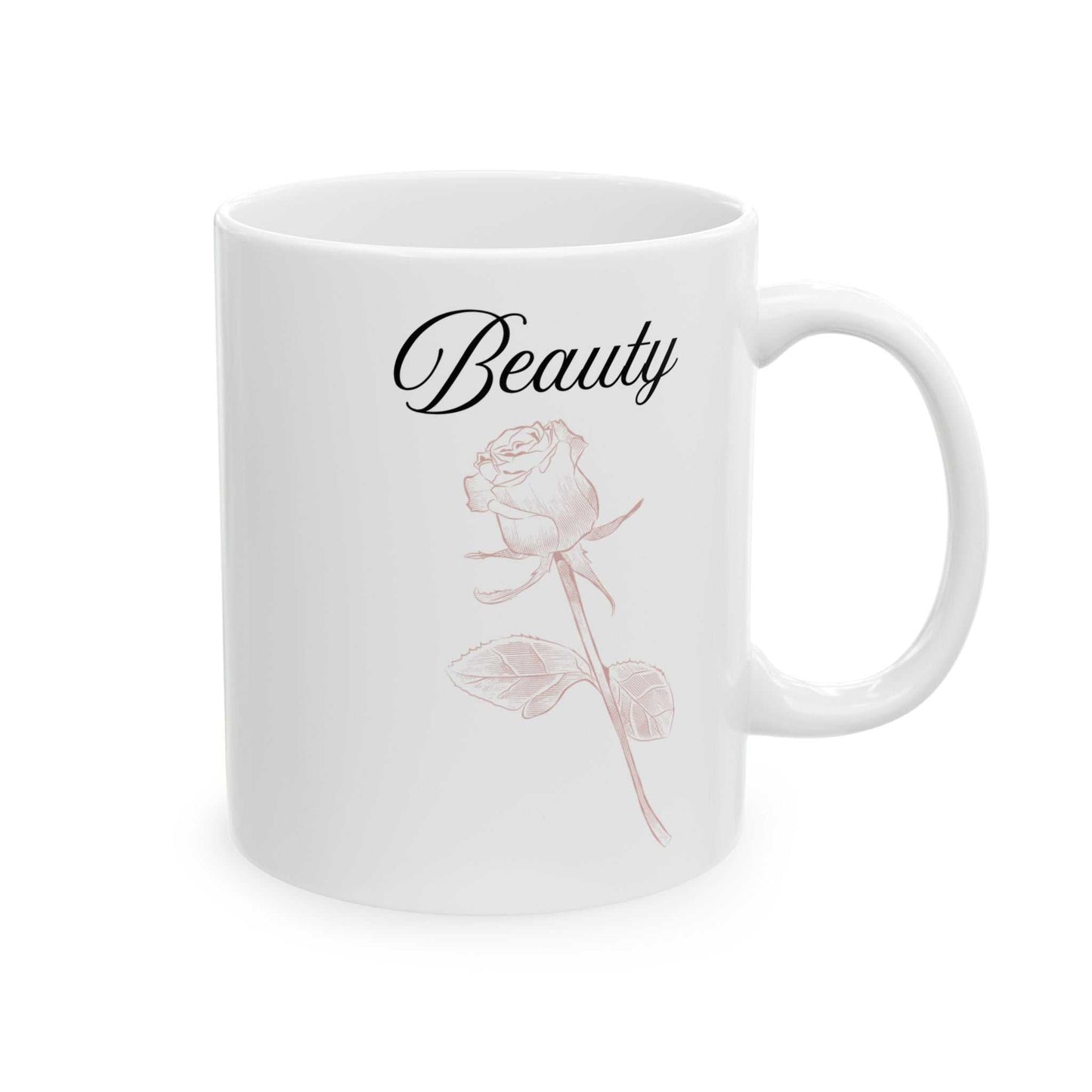 Ceramic mug with "Beauty" and dusty rose design.