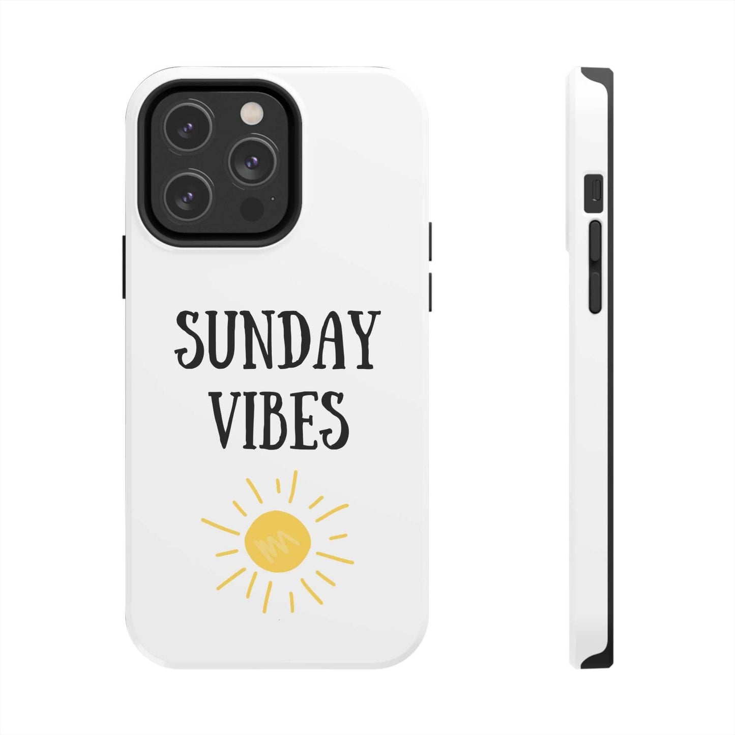 Phone case with 'Sunday Vibes' sun graphic design, durable Lexan plastic, screen protection, glossy finish.