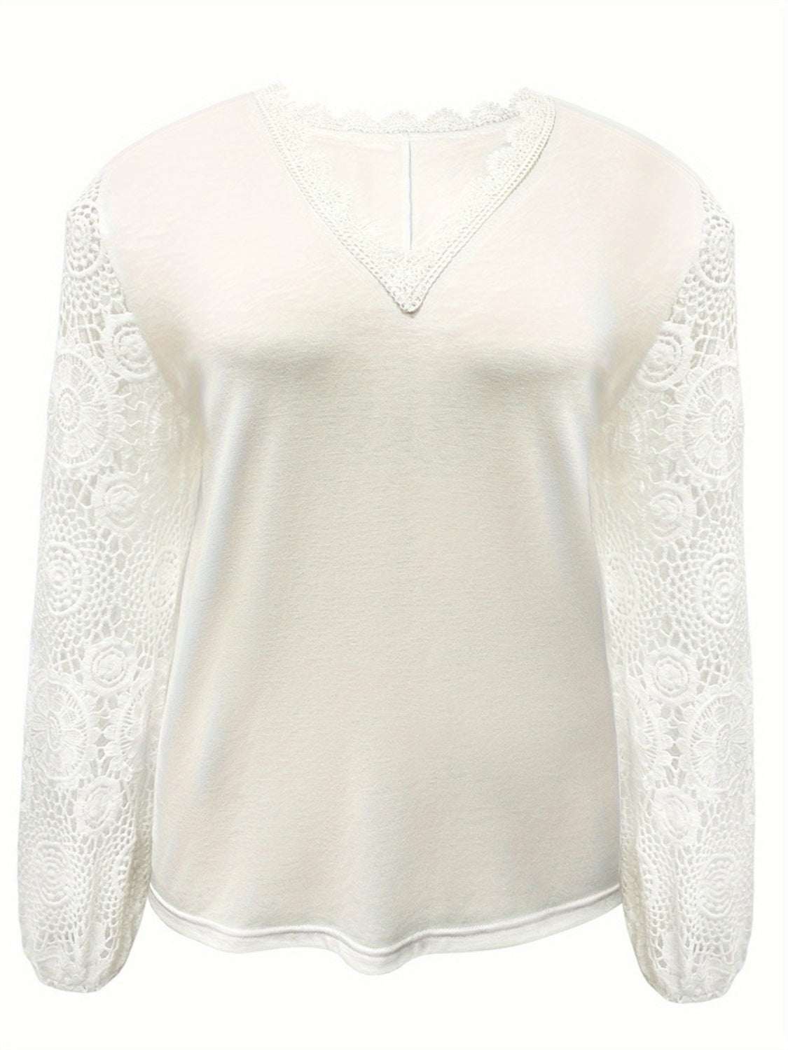 Plus size V-neck long sleeve T-shirt with lace detail, 100% polyester.