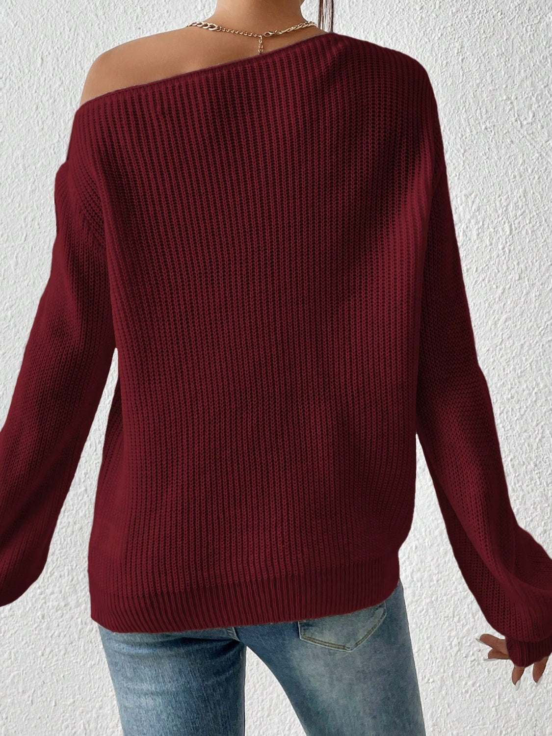 Honey Single Shoulder Long Sleeve Sweater Burgundy 