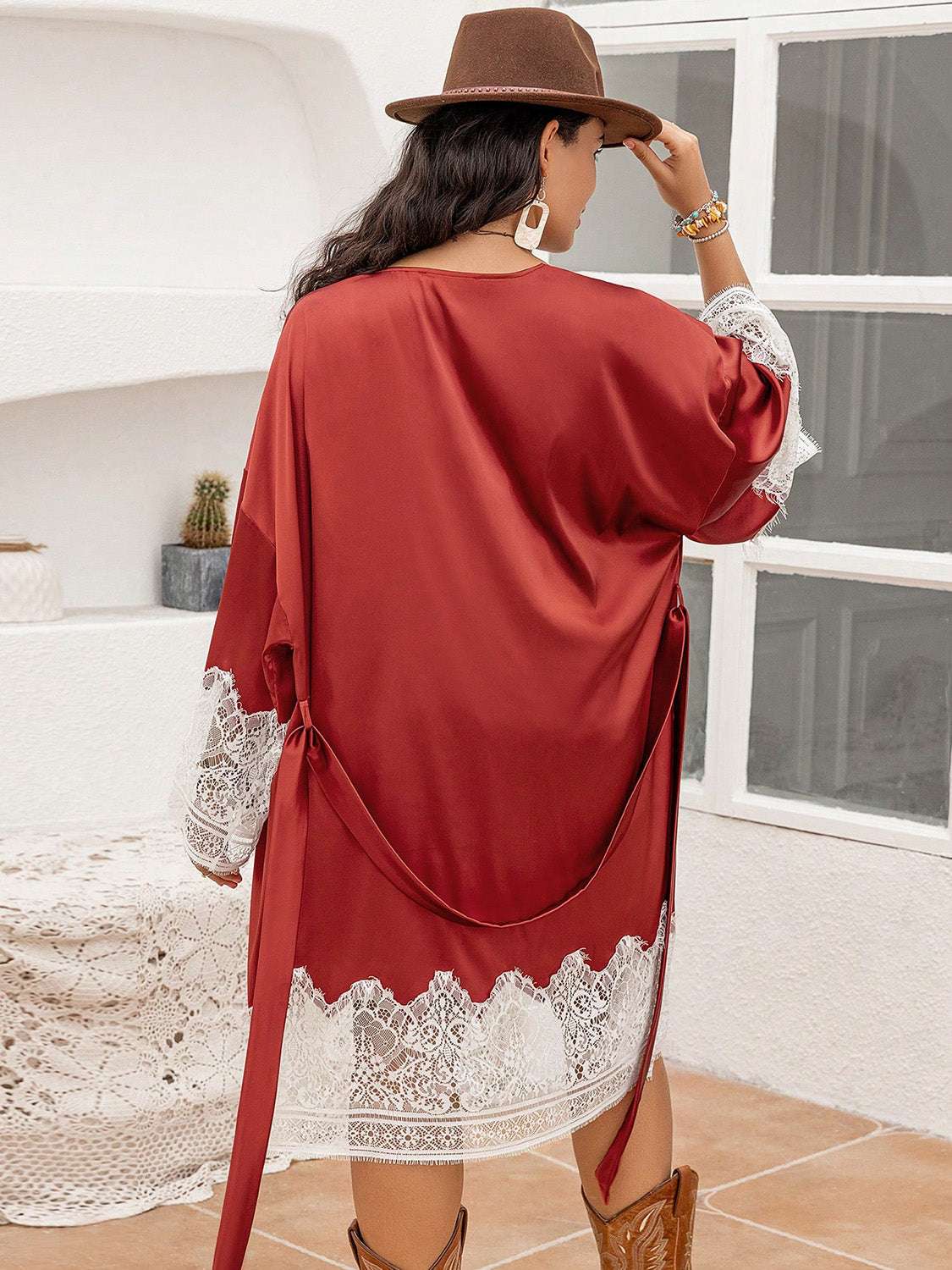 Plus size lace patchwork tie front robe in red, semi-sheer with no stretch, featuring lace details on cuffs and hem.