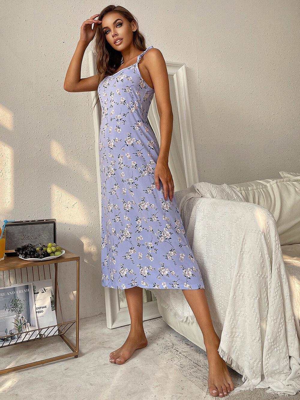 Floral printed tie shoulder midi night dress, sleeveless with scoop neck, minimalist style.